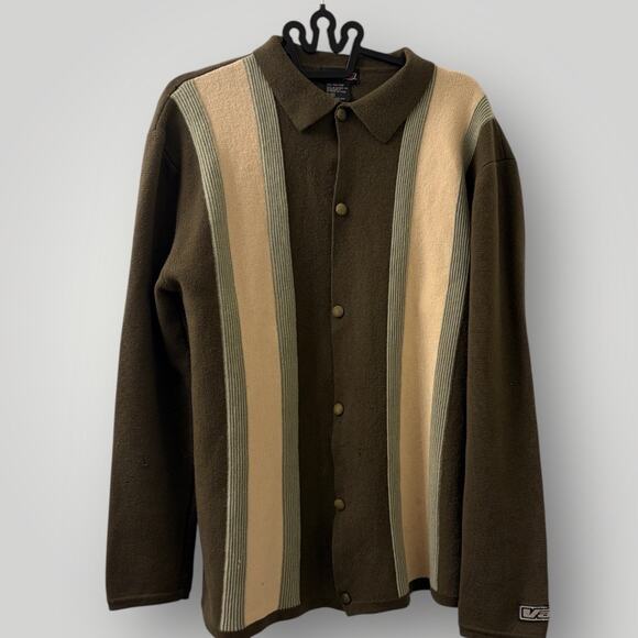 Vans 90s Vintage Men's Sweater L Wool Knit Striped Button Polo Cardigan Green - Picture 1 of 6